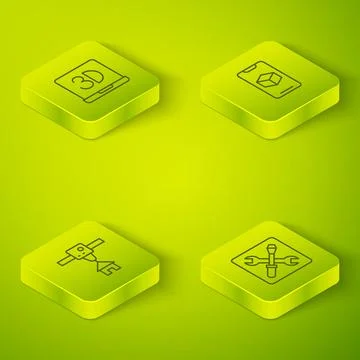 Set Isometric line 3D printer software, house, setting and  icon. Vector Stock Illustration