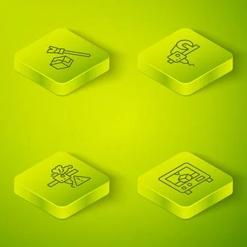 Set Isometric line 3D printer, warning,  and Isometric cube icon. Vector Stock Illustration