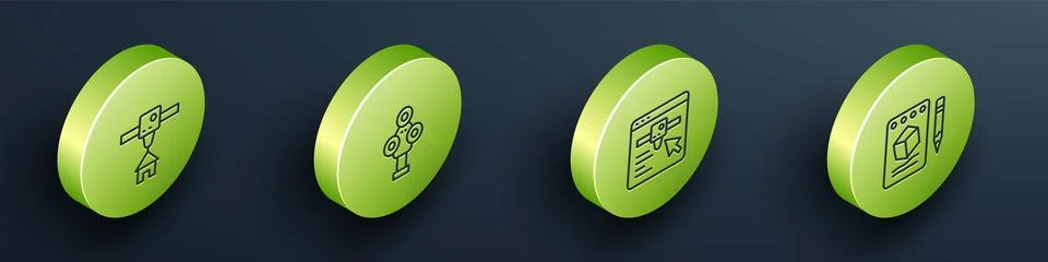 Set Isometric line 3D printer house, scanner, setting and Sketch on paper i.. Stock Illustration
