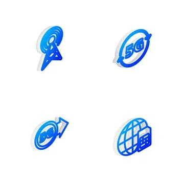 Set Isometric line 5G network, Antenna, and Globe Sim Card icon. Vector Illustrazione stock