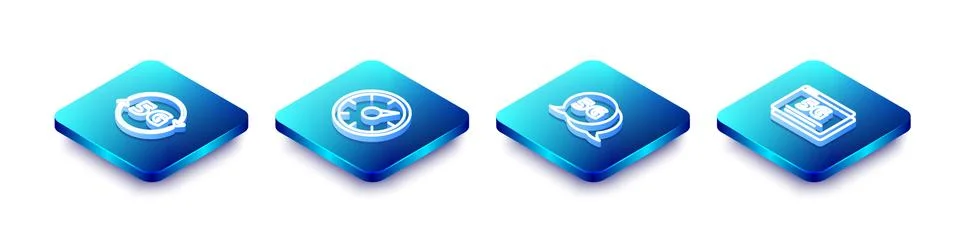 Set Isometric line 5G network, Digital speed meter, and icon. Vector 스톡 일러스트