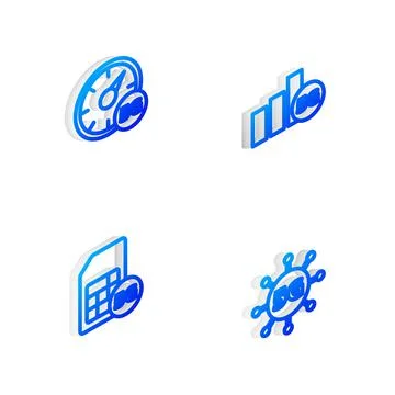 Set Isometric line 5G network, Digital speed meter, Sim Card and icon. Vector Stock Illustration