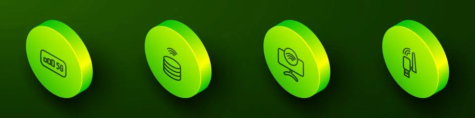 Set Isometric line 5G wireless internet, Smart data server, Tv system and Usb Stock Illustration
