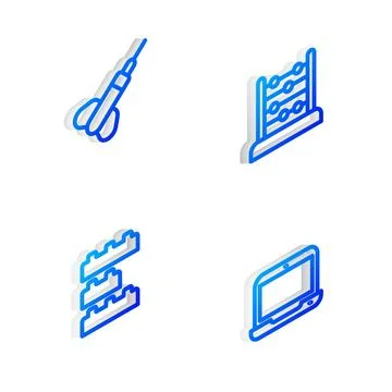Set Isometric line Abacus, Dart arrow, Toy building block bricks and Laptop icon Ilustración de archivo