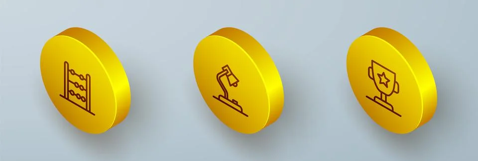 Set Isometric line Abacus, Table lamp and Award cup icon. Vector Stock Illustration