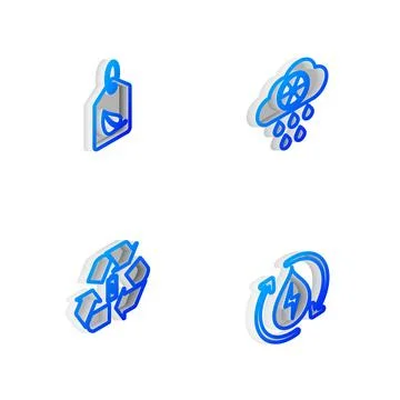 Set Isometric line Acid rain and radioactive cloud, Tag with leaf, Battery re Stock Illustration