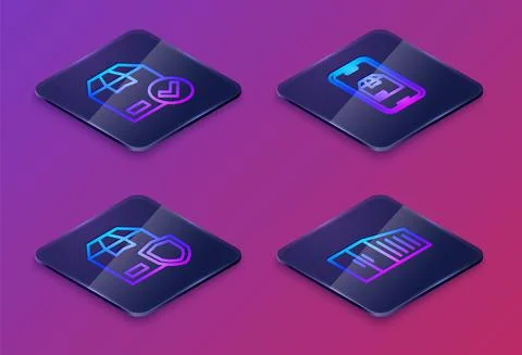 Set Isometric line ackage box with check mark, Delivery security shield, Mobile Stock Illustration