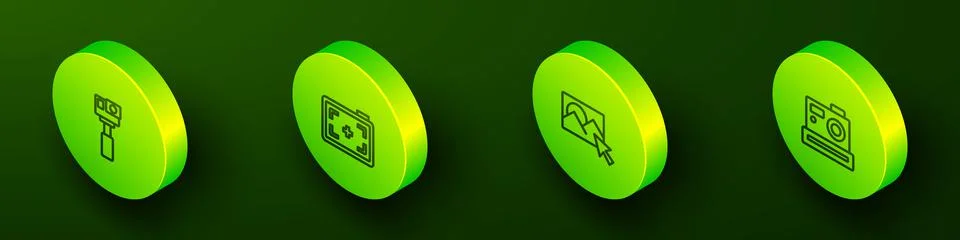 Set Isometric line Action camera, Photo, retouching and icon. Vector Stock Illustration