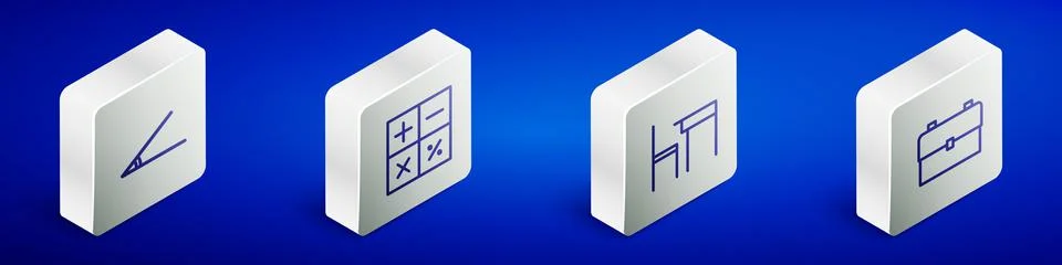 Set Isometric line Acute angle, Calculator, School table and chair and backpack Stock Illustration