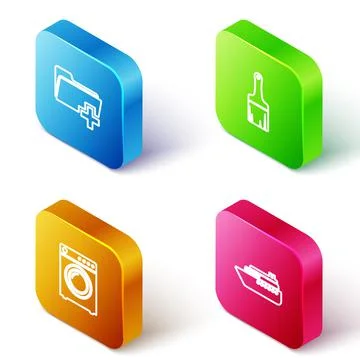 Set Isometric line Add new folder, Paint brush, Washer and Ship icon. Vector Stock Illustration