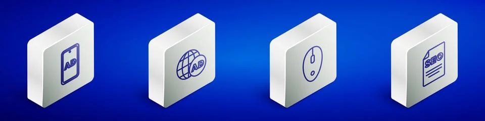 Set Isometric line Advertising, , Computer mouse and SEO optimization icon... Stockillustratie