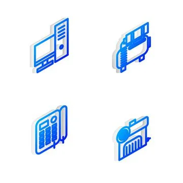 Set Isometric line Air compressor, Computer monitor, Telephone and icon. Vector Illustrazione stock