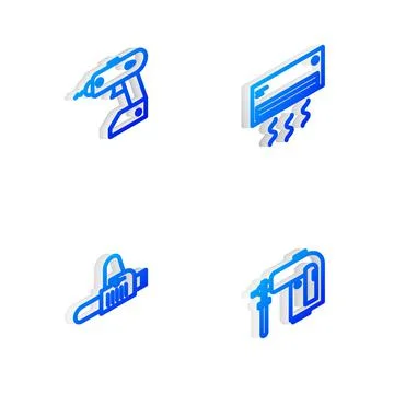 Set Isometric line Air conditioner, Electric cordless screwdriver, Chainsaw and Stock Illustration