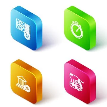 Set Isometric line Air conditioner setting, Stopwatch, Bank building and Dril Ilustración de archivo