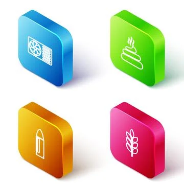 Set Isometric line Air conditioner, Shit, Bullet and Wheat icon. Vector Stock Illustration