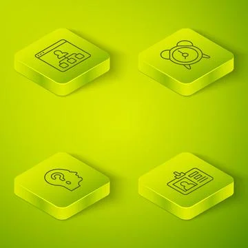 Set Isometric line Alarm clock, Head with question mark, Identification badge Stock Illustration