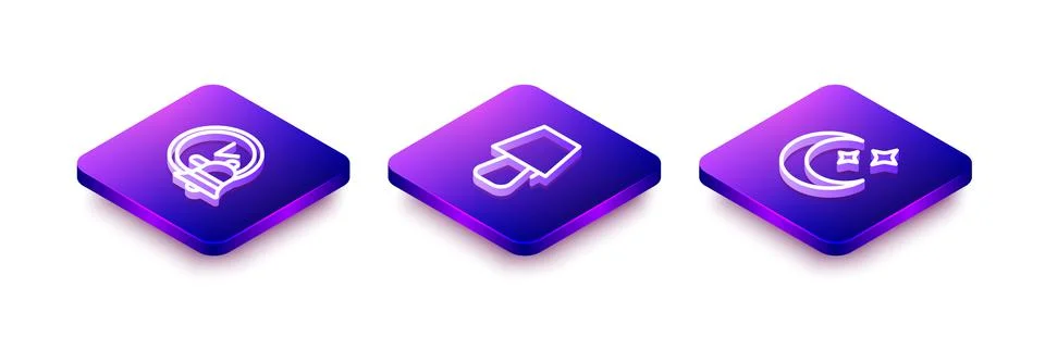 Set Isometric line Alarm clock, Table lamp and Moon and stars icon. Vector Stock Illustration