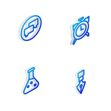 Set Isometric line Alarm clock, Speech bubble chat, Test tube and Fountain pe 스톡 일러스트