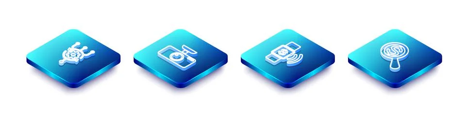 Set Isometric line Algorithm, Car DVR, Contactless payment and Magnifying glass Stock Illustration
