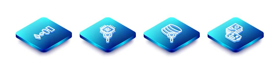 Set Isometric line Algorithm, Processor CPU, Server and Artificial intelligence Illustrazione stock