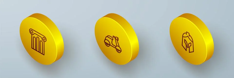 Set Isometric line Ancient column, Scooter and Roman army helmet icon. Vector Ilustración de archivo