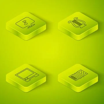 Set Isometric line Ancient lyre, Voice assistant, Accordion and Music note, t Stock Illustration