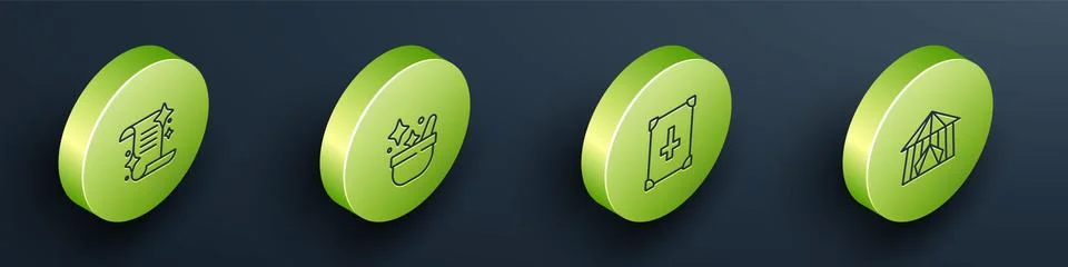 Set Isometric line Ancient magic book, Witch cauldron, and Circus tent icon Ilustração Stock
