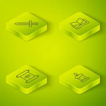 Set Isometric line Ancient magic book, scroll, Burning candle and Medieval sword Ilustração Stock