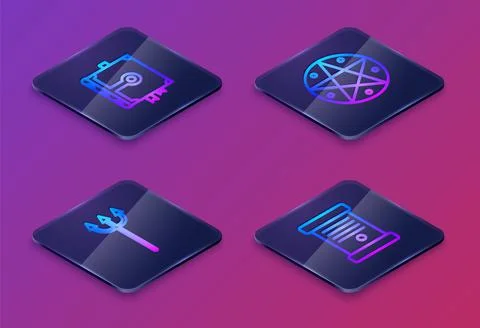 Set Isometric line Ancient magic book, Neptune Trident, Pentagram in circle and イラスト素材