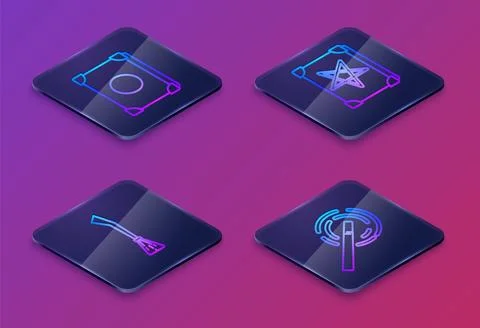 Set Isometric line Ancient magic book, Witches broom, Ancient magic book and Ilustração Stock