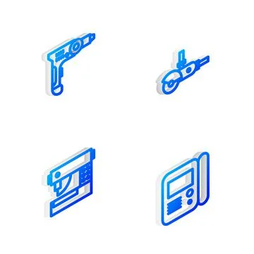 Set Isometric line Angle grinder, Electric drill machine, Sewing and House Stock Illustration