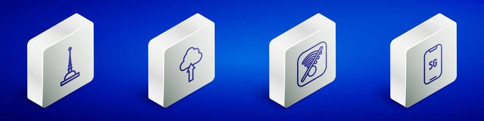 Set Isometric line Antenna, Cloud upload, No Wi-Fi wireless internet and Mobile Stock Illustration