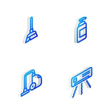 Set Isometric line Antibacterial soap, Handle broom, Vacuum cleaner and Air Illustration