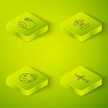 Set Isometric line Apple core, Earth globe and leaf, Wind turbine and Electric Stock Illustration
