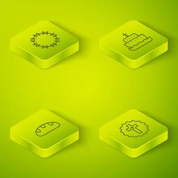 Set Isometric line Ark of noah, Bread loaf, Christian cross and Crown thorns Stock Illustration