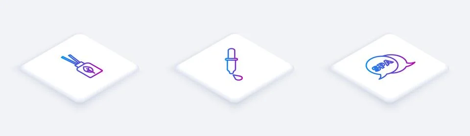 Set Isometric line Aroma diffuser, Pipette and Spa salon. White square button 库存插图