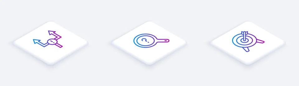 Set Isometric line Arrow, Unknown search and Target. White square button. Vector Stock Illustration