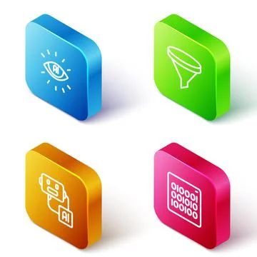 Set Isometric line Artificial intelligence AI, Funnel or filter, robot and Stock Illustration