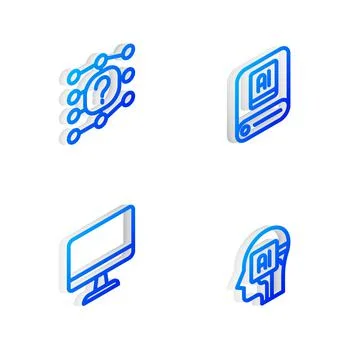 Set Isometric line Artificial intelligence AI, Neural network, Computer monitor 스톡 일러스트