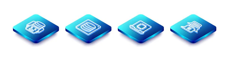 Set Isometric line Artificial intelligence robot, Server, Data, Processor CPU Illustrazione stock