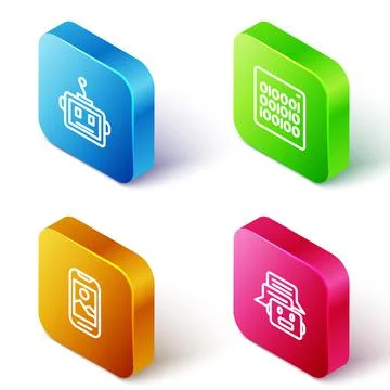 Set Isometric line Artificial intelligence robot, Binary code, Mobile phone a 스톡 일러스트
