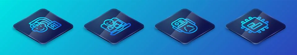 Set Isometric line Artificial intelligence robot, Humanoid, Processor CPU and 库存插图