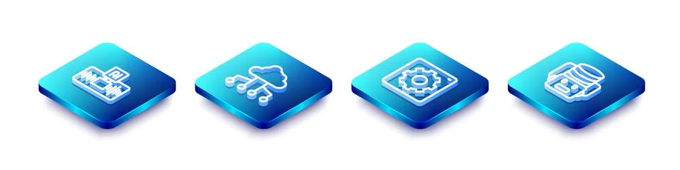 Set Isometric line Artificial intelligence AI, Network cloud connection, Co.. Illustrazione stock