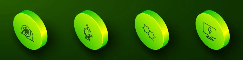 Set Isometric line Atom Microscope Chemical formula and Lightning bolt icon.  Illustration