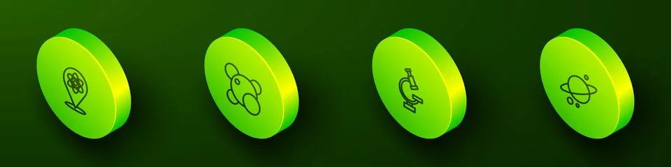 Set Isometric line Atom, Molecule, Microscope and Planet Saturn icon. Vector Stock Illustration