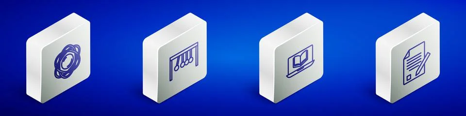 Set Isometric line Atom, Pendulum, Online class and Exam sheet and pencil icon Illustrazione stock