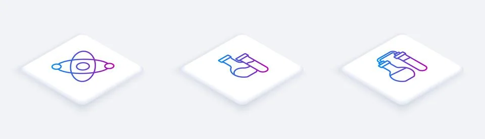Set Isometric line Atom, Test tube and . White square button. Vector Illustrazione stock