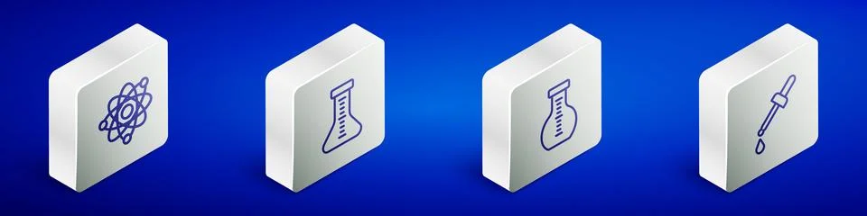 Set Isometric line Atom, Test tube, and Pipette icon. Vector Stock Illustration