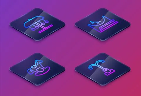 Set Isometric line Attraction carousel, Horse in saddle swing, Skate park and Stock Illustration