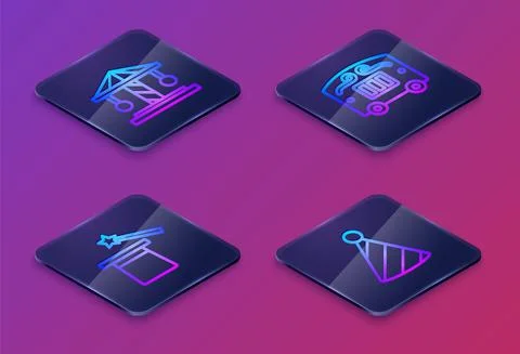 Set Isometric line Attraction carousel, Magic hat and wand, Circus wagon and Stock Illustration